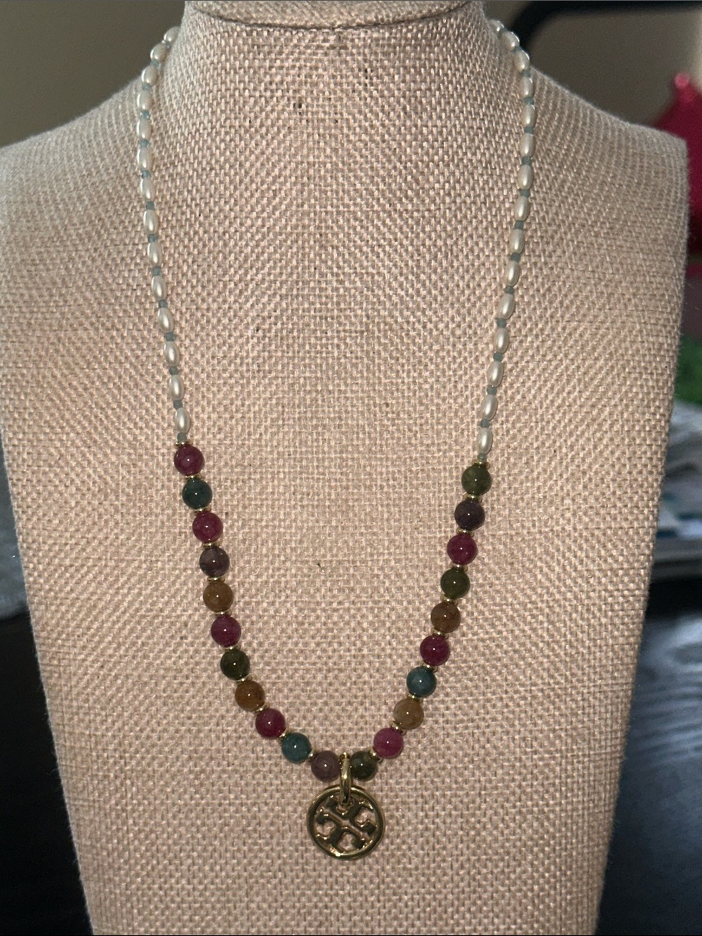Tory Burch Multicolor Beaded Necklace with Gold Logo Pendant - Picture 1 of 3